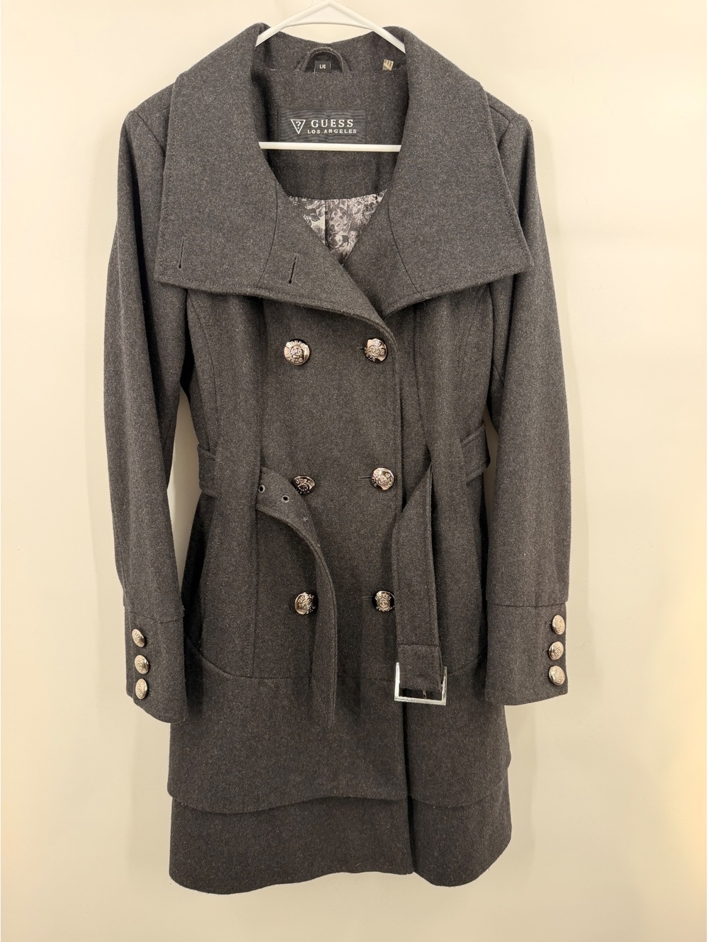 GUESS Los Angeles Y2K Charcoal Gray Wool Blend Ruffle Belted Coat Women’s L